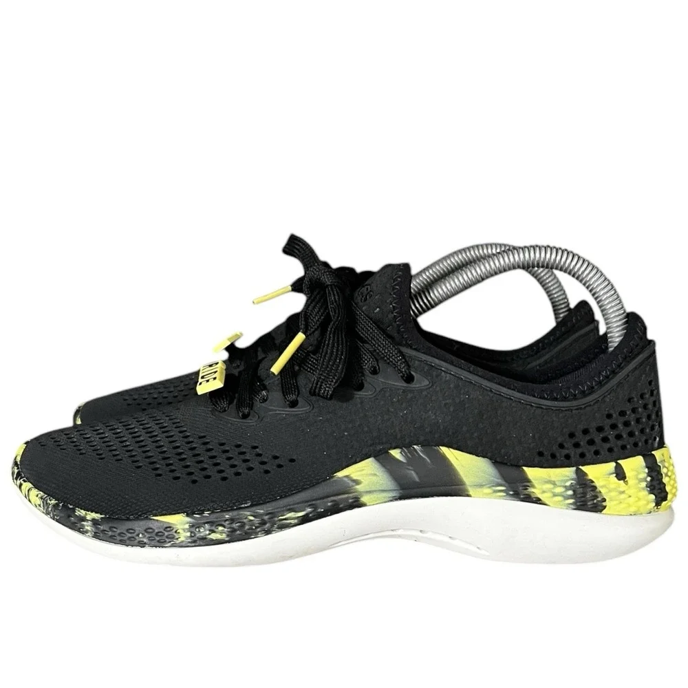 Crocs LiteRide Pacer Mens 7 Sneakers Black‎ Lime Green Marbled Shoes 206011